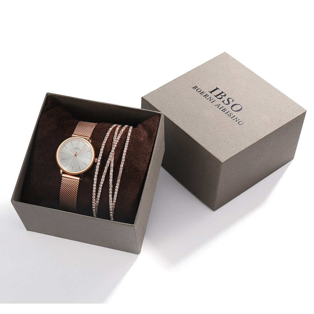 IBSO – ensemble de montres Ultra fines pour femmes, 8mm, maille or Rose, bracelet en acier inoxydable, à Quartz, horloge, pour dames: 3626 set 3