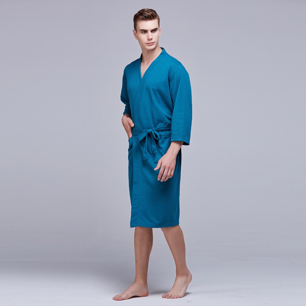 Summer Sleepwear Solid Blue Mid-length Waffle Thin Tunic Bathrobe Super Soft Flannel Coral Fleece Vintage Nightgowns#3