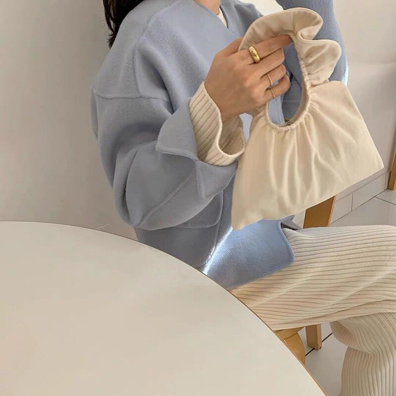 Alasir flæser afslappet tote tasker lærred romantiske kvinder håndtasker ins solide skuldertasker søde ruched mini enkle tasker til damer: Hvide tasker mini