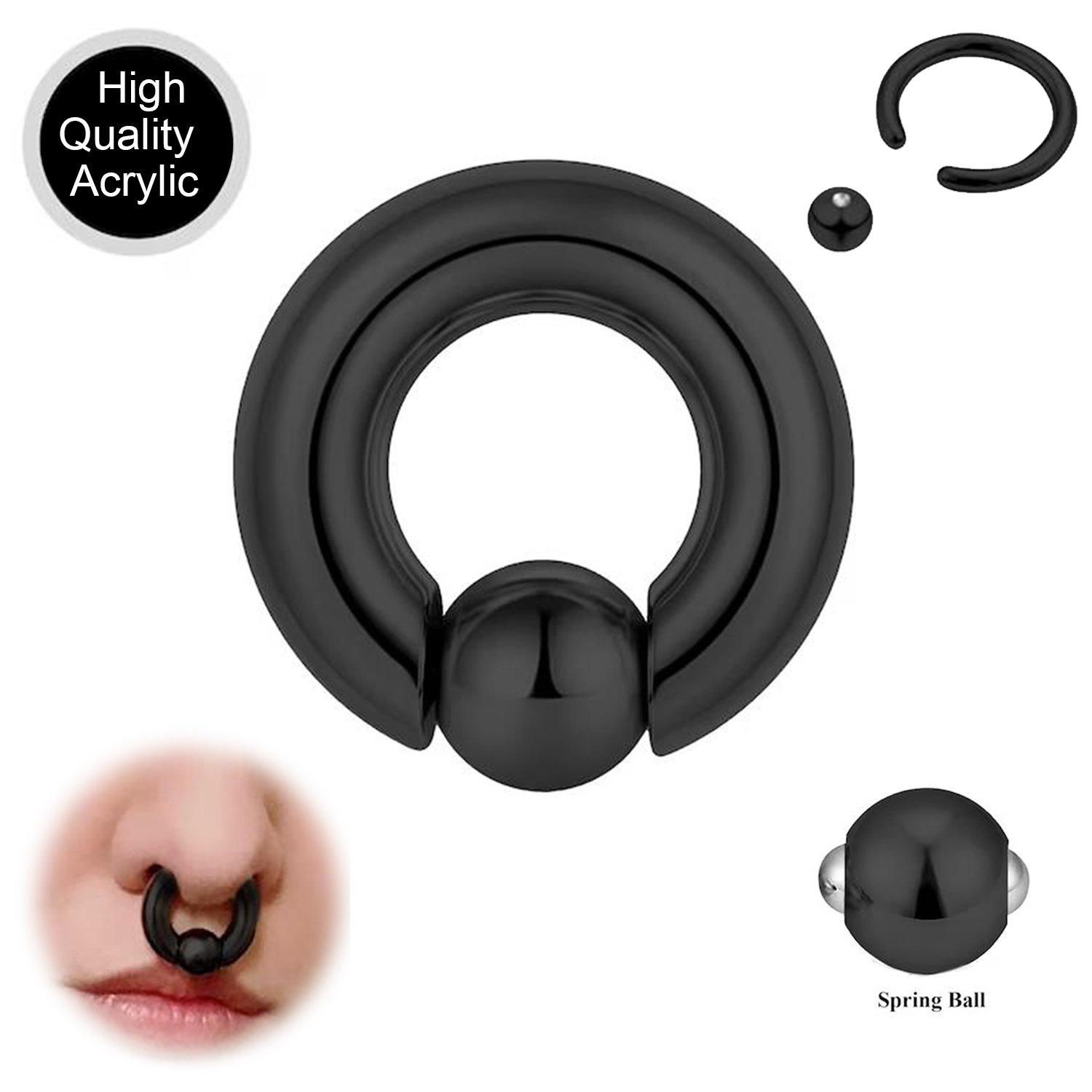 ZS 1PC Acrylic Hoop Septum Ring Black Color CBR/BCR Closure Ball Nose Ring Large Big Gauge Earrings 12G to 00G Daith Piercing