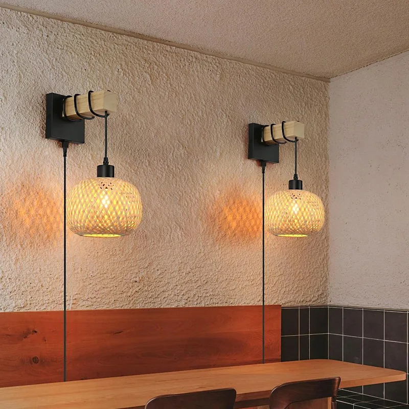 råtnende vegglampe dimbar bryter bambus vegglampe pluggbar vegglampe til soverom stue hotell gjeng hjem restaurant