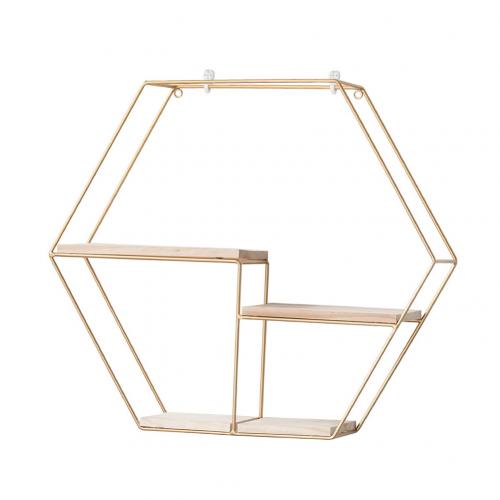 Metal Wooden Storage Rack Wall Hanging Storage Holders Racks Book Figurines Flower Pot Display Shelf Home Storage Organizer: Golden Hexagon