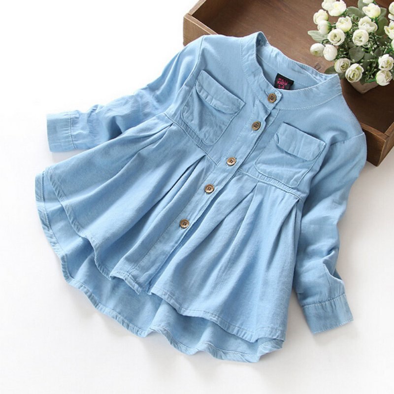 Nuovo di Modo della Molla Delle Ragazze Dei Capretti Demin Camicette Morbido Tessuto Camicia A Maniche Lunghe Abbigliamento Per Bambini: 2T