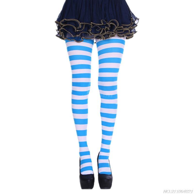 Women Girls Rainbow Multicolor Striped Tights Opaque Stockings Full Length Slim Pantyhose for Christmas Halloween Cosplay au20: Blue and white