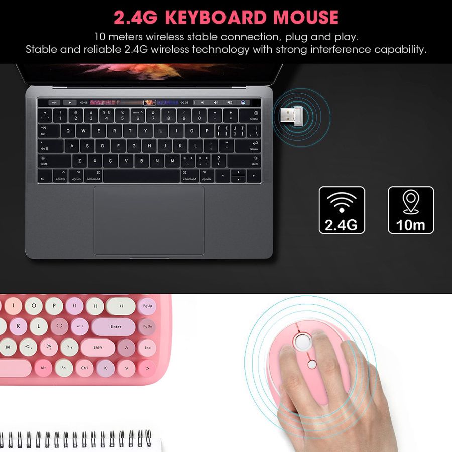 2.4 ghz draadloos toetsenbord muis kammen draadloos toetsenbord muis set mini roze gemengde kleuren ronde toetsenkap kantoorbenodigdheden