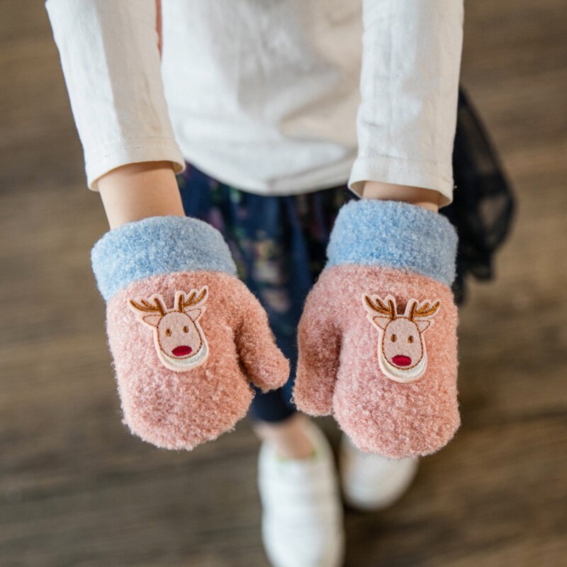 Belle 1-3 ans enfants hiver dessin animé papier cerf tricot mitaines garçon/filles épaissir velours tricot enfants doux gant A23: Pink