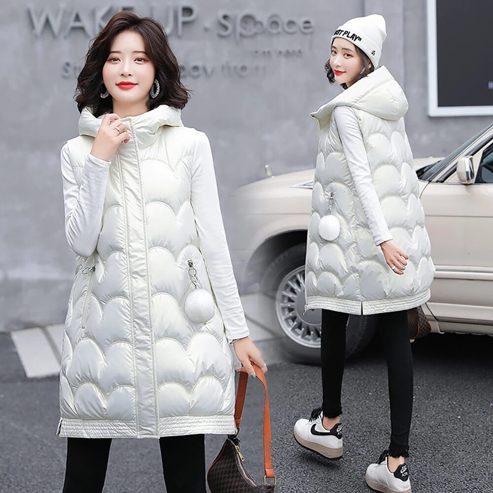 Solid Hooded Vrouwen Winter Vest Lange Stijl Dikke Vrouwelijke Mouwloos Vest Katoen Gewatteerde Vest Jasje Met Pocket Uitloper: White / Xxl