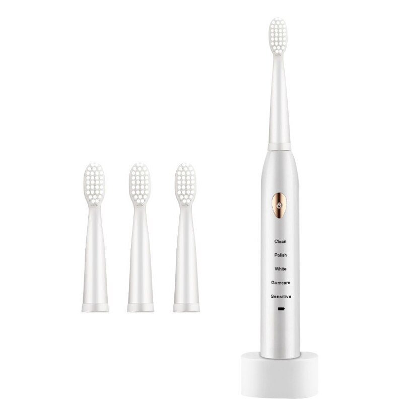 Vandtæt elektrisk tandbørste automatisk sonisk tandbørste genopladelig 5 modeller rejser tandbørste med 4 børstehoveder: Hvid opladningssten
