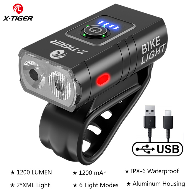 X-TIGER Bicycle Light IPX6 Waterproof 1200 Lumens USB Charging Bicycle Lamp 2400mAH MTB Road Bike Front Flashlight Headlight: black
