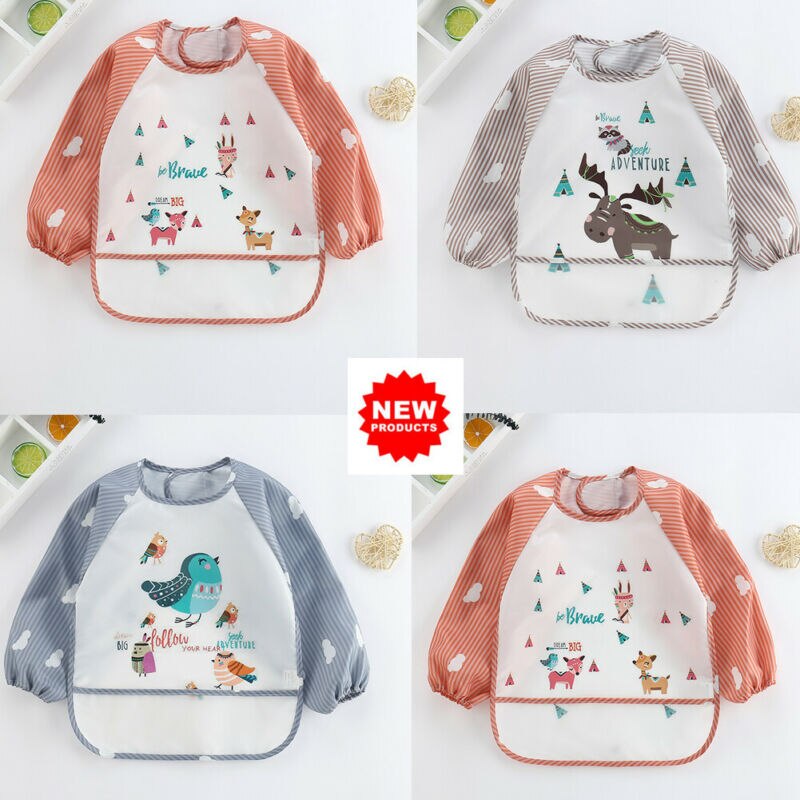 Cartoon Baby Child Feeding Bibs Toddler Long Sleeve Waterproof Apron Pocket Waterproof Cloths with Food Catcher