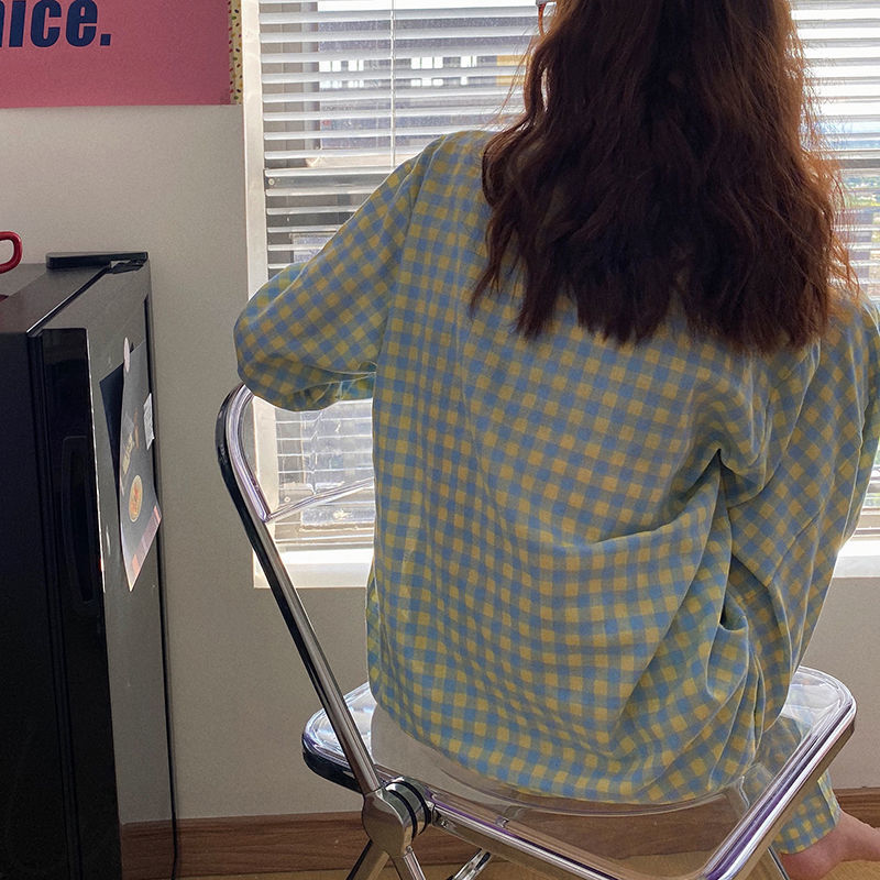 Plaid Home Suit Sleepwear Women's Pijama De Mujer Cotton Long Sleeve Sleep Tops + Pants Nightie Women Night Suits Pyjama Femme