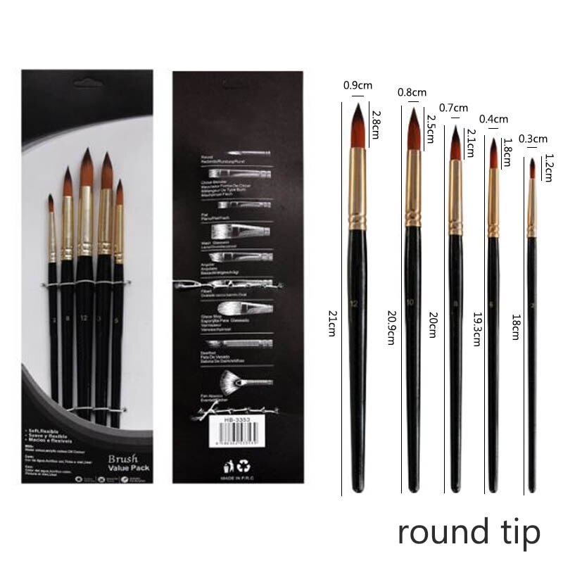 Artist Paint Brush Set 5Pcs Nylon Hair Wood Black Handle Watercolor Acrylic Oil Brush Painting Art Supplies: round tip