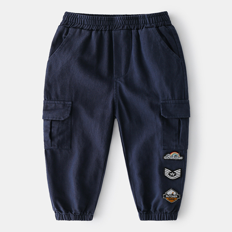 Mudkingdom-pantalones Cargo para niño, peto con bolsillos de dibujos animados, cintura elástica, pantalones sólidos para correr, ropa informal para niño, Primavera: Navy Blue / 6T