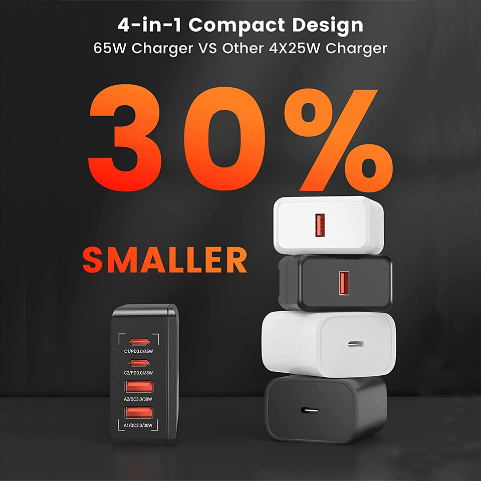 LDNIO 65W Chargeur USB PD QC4.0 4 Ports Type C pour Iphone 15 13 Pro Max Samsung Xiaomi 14 Ordinateur portable Pad Macbook Chargeur de téléphone portable