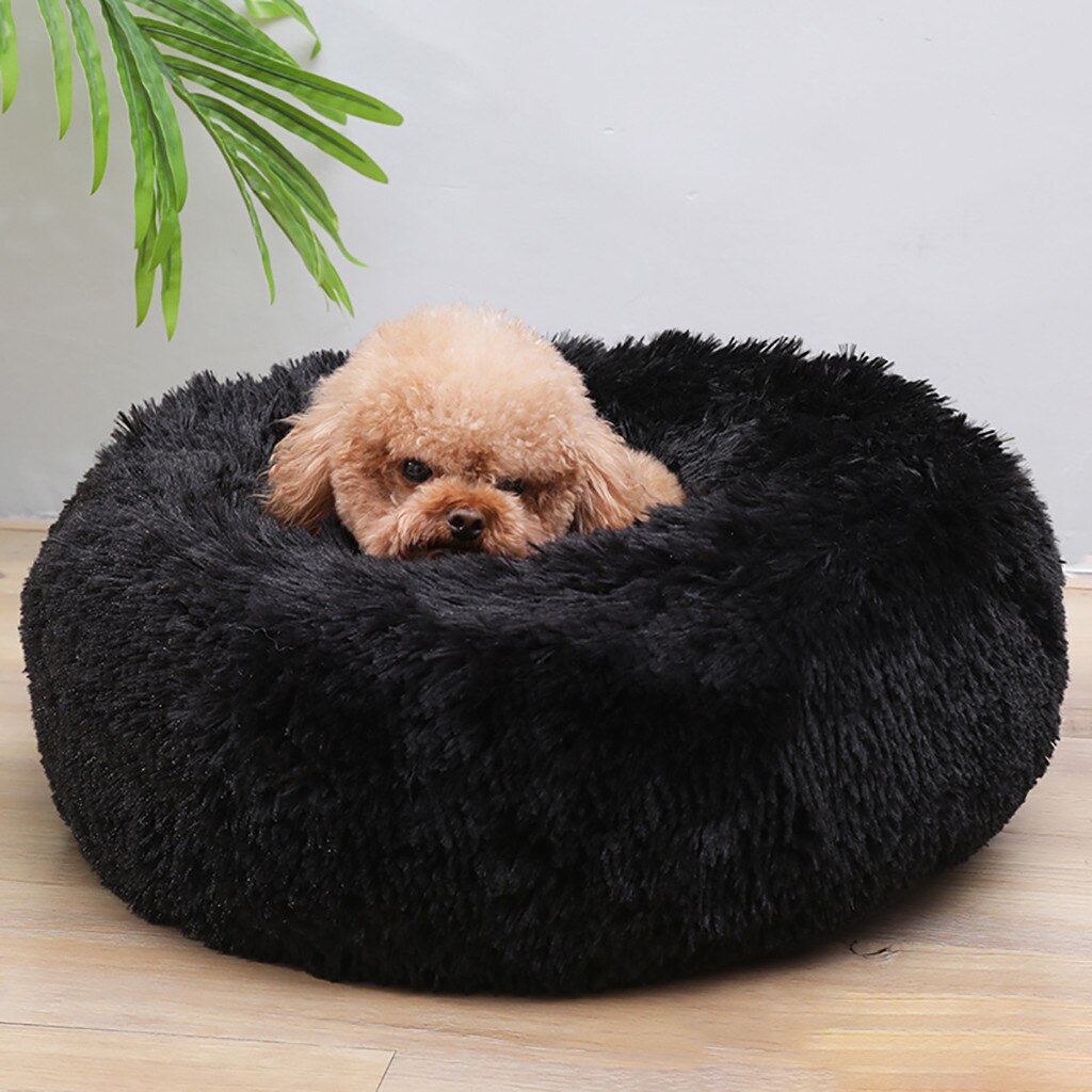 38# Fluffy Calming Dog Bed Long Plush Donut Pet Bed Hondenmand Round Orthopedic Lounger Sleeping Bag Kennel Cat Puppy House: Black / XXL