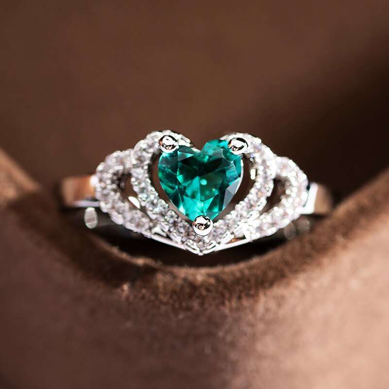 Crystal green zircon heart Shaped Wedding Rings For Women Rose Gold Engagement Rings Jewelry