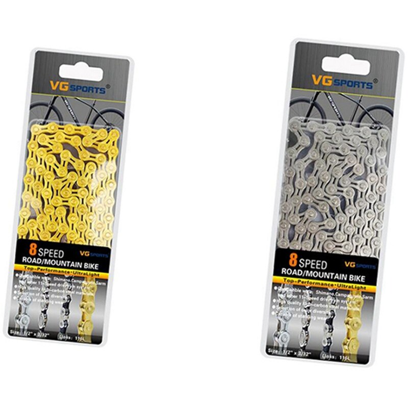 Vg Sports 2Pcs 8 Speed Bicycle Chain Half Hollow Bike Chain Hollow Chains Ultralight 116L - Silver & Gold