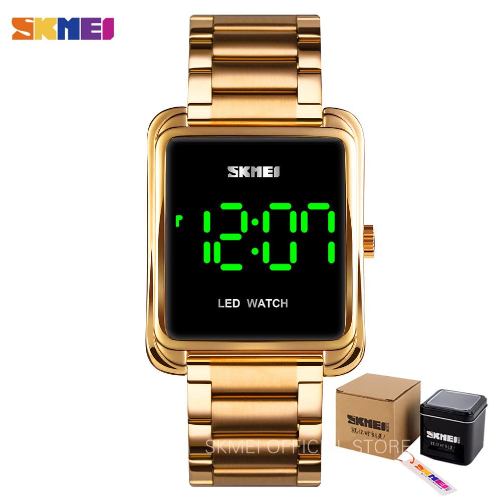 Skmei led digital klocka herr vattentät date herr digitala armbandsur i rostfritt stål tunn elektronisk klocka 1505: Guld med låda