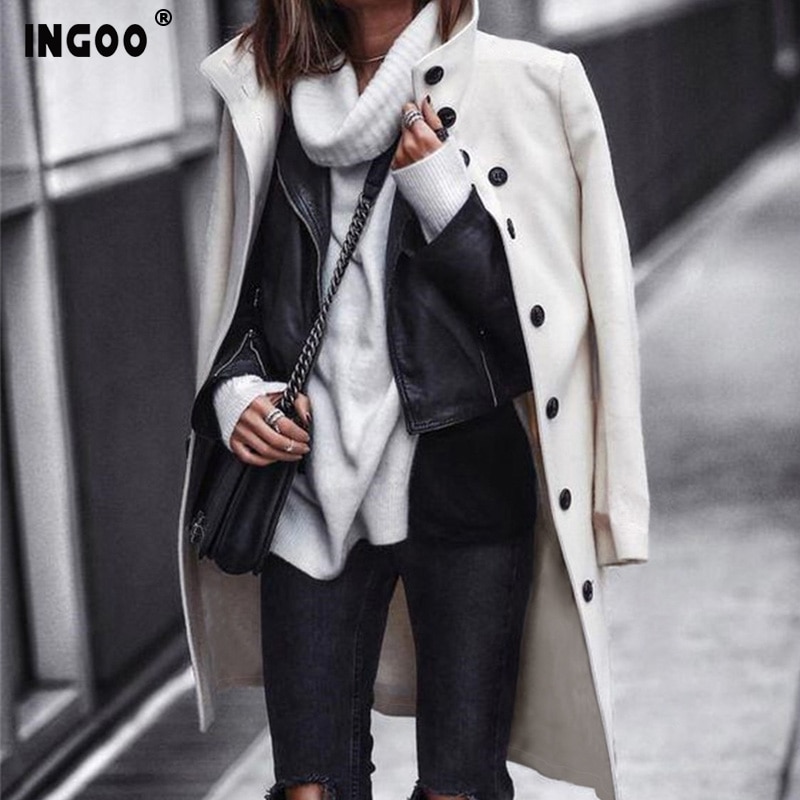 INGOO Autumn Women Long Wool Trench Coat Feminino Office Ladies Caots Winter Casual Vintage A Line Solid Overcoats Femala