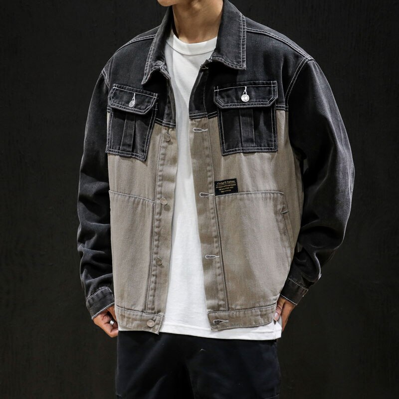 stitching denim jacket, layered stitching loose youth street Cargo jeans jacket coat hip-hop big size 5XL: Black / M