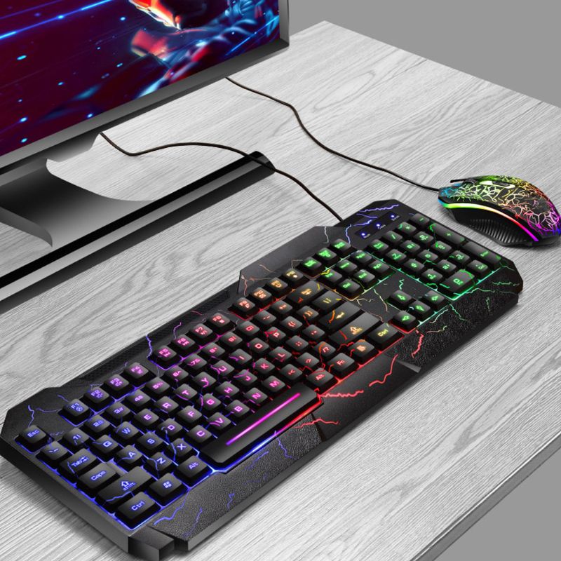 Clavier de jeu filaire souris Combo ensemble coloré LED rétro-éclairé fissure apparence ordinateur portable lumineux Keyboad souris