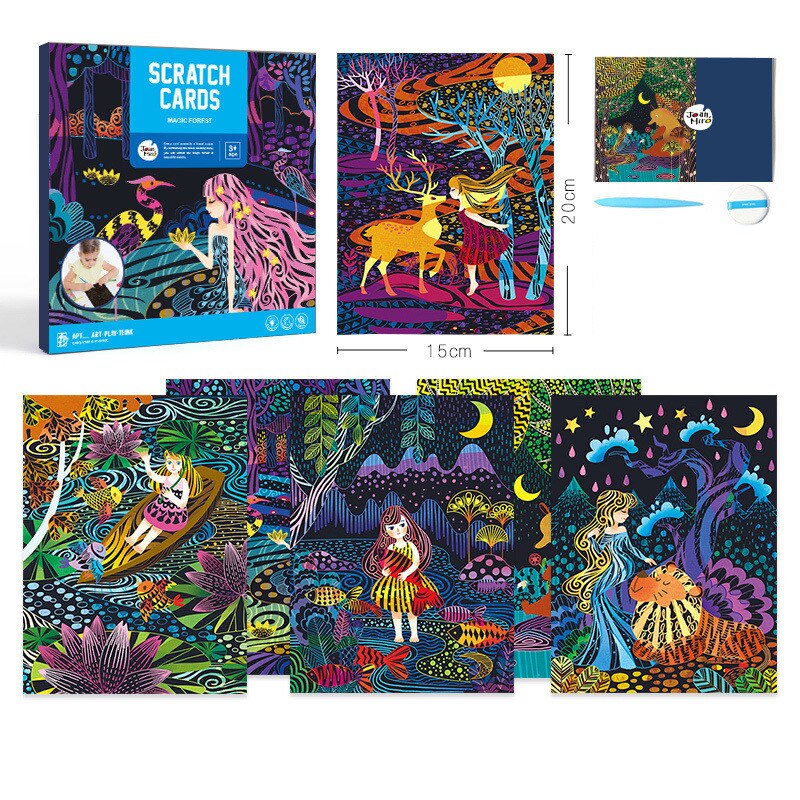 1 Set 6pcs 20x15cm Magic Color Scratch Art Paper Coloring Cards Scraping Drawing Toys for Children: Magic Forest