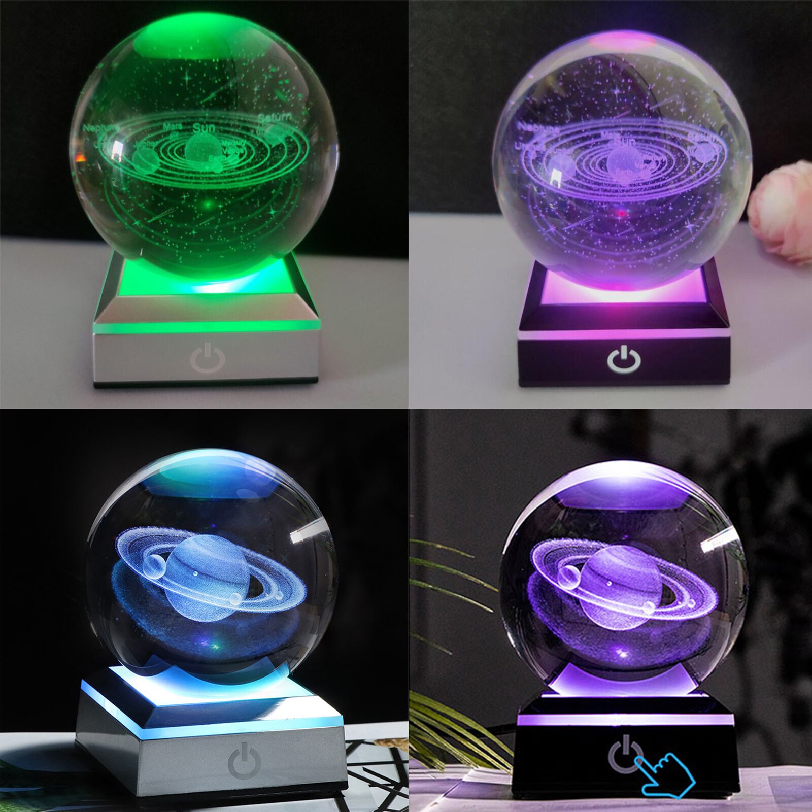 Système solaire planète Globe en cristal K9, 80mm, système solaire gravé en 3D, boule avec interrupteur tactile, Base lumineuse LED, d&#39;astronomie
