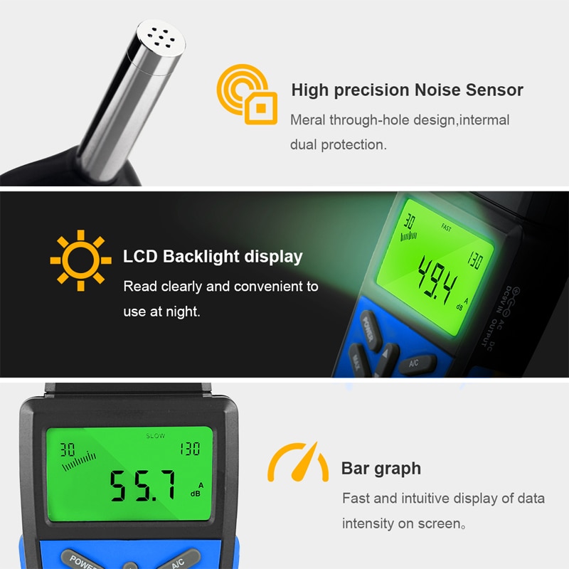 Sonomètre numérique, testeur de surveillance de décibel d&#39;instrument de mesure de Volume de bruit avec le Test de Volume Audio de bruit de 30-130dB