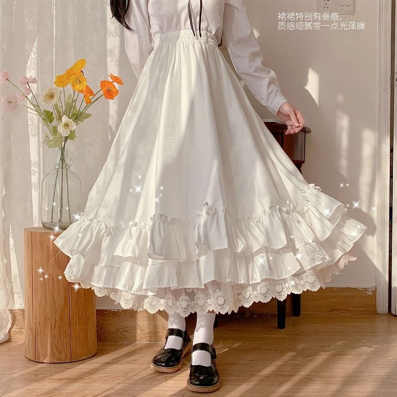 Women's Skirt Vintage French Ruffled Double Layer Half Skirt Lolita Long Skirts Women 2023 A-line Pleated Skirt: XL / black