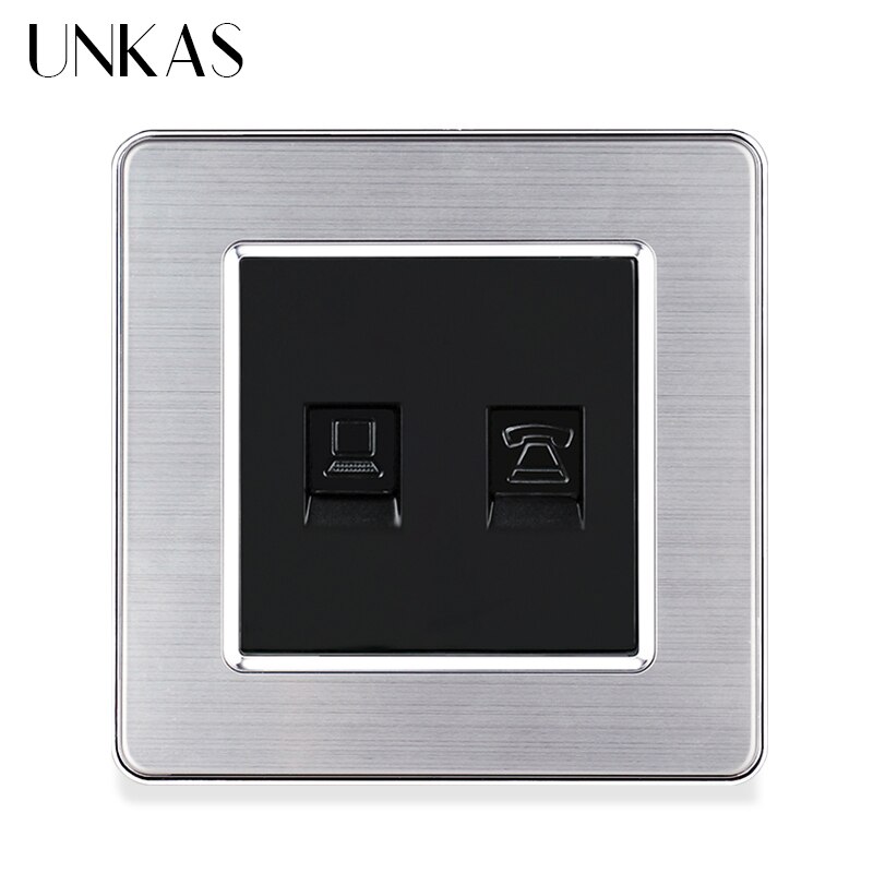 UNKAS Luxury Stainless Steel Panel RJ11 Telephone Jack With Rj45 Internet Computer Port Wall Socket 86MM * 86MM Outlet
