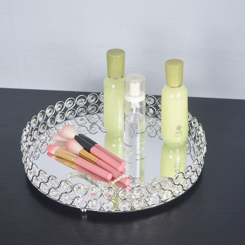 Bandeja redonda de cristal para decoración, bandeja de lujo para servir, mesa de Metal para almacenamiento de maquillaje, platos para decoración de baratija de boda