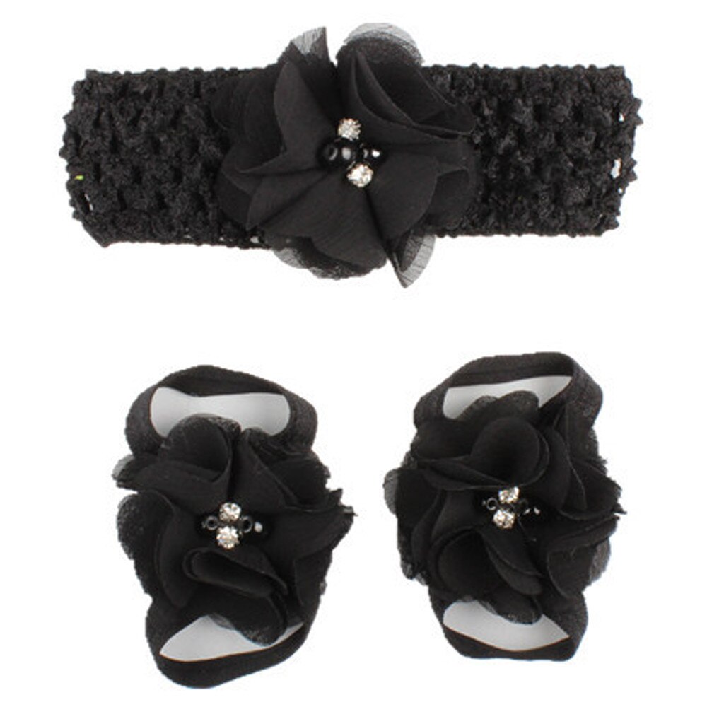 3 Pieces A Set Cute Baby Girls Toddler Flower Hairband Headband Flower Barefoot Sandal / Shoes Set Children Accessories: balck