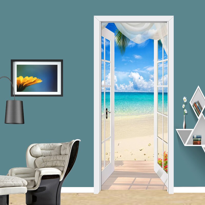 PVC Self-adhesive Door Sticker Window Sandy Beach Seascape 3D Photo Wallpaper Mural Living Room Bedroom Door Decoration Stickers