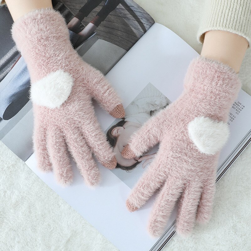 Children Winter Gloves Warm Solid Color Plush Love Thick Gloves Can Touch The Screen Soft Warm Mittens