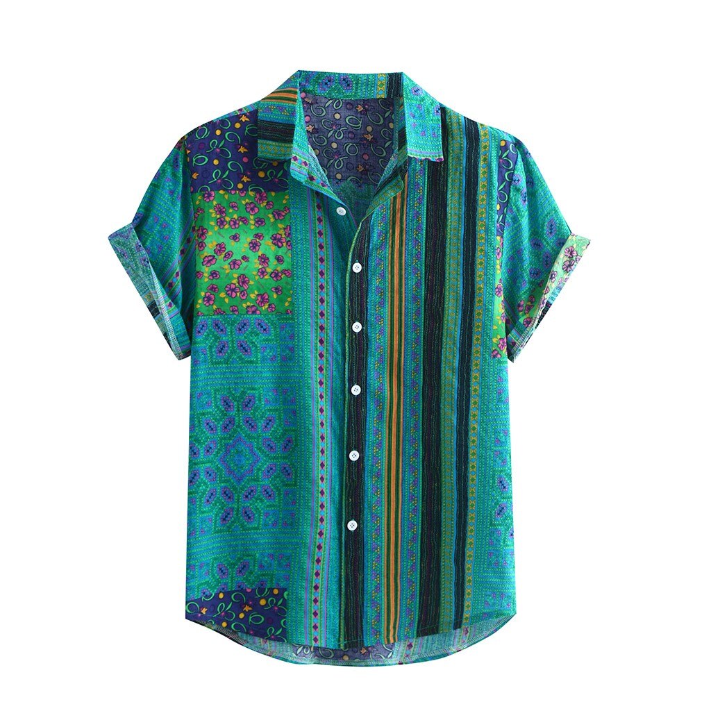 Skjortor m -3xl plus size herr färgglada tryckta sommar kortärmade lösa knappar fritidsskjortblus 3 färg dagligt slitage: Grön / L