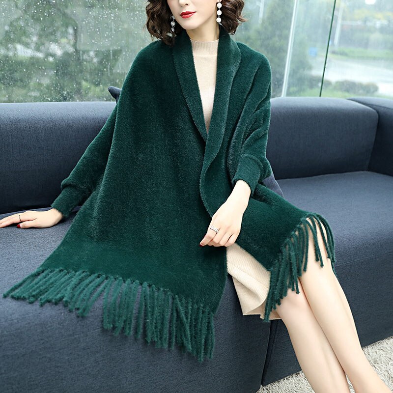 Forår og efterår cashmere strikket sjal kvinders jakke vild med ærmer vinter cheongsam frakke toppe med kvast uld kappe  y624
