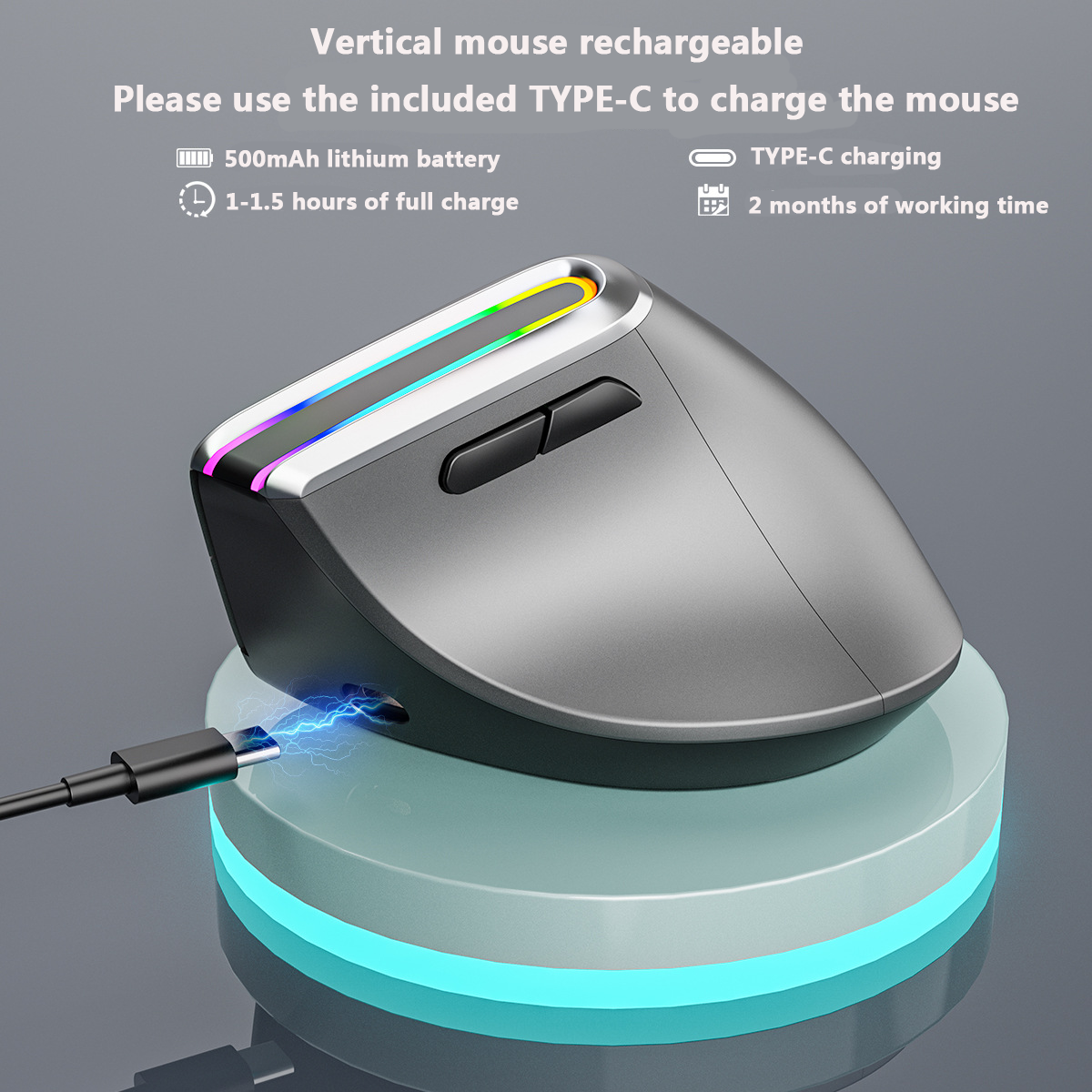 JOMAA Ergonomisk RGB Trådlös Vertikal Mus 2.4G USB Uppladdningsbar Bluetooth