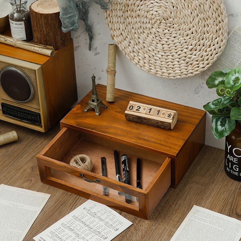 Retro computer monitor elevated base office wooden desktop storage box glass drawer wooden box
