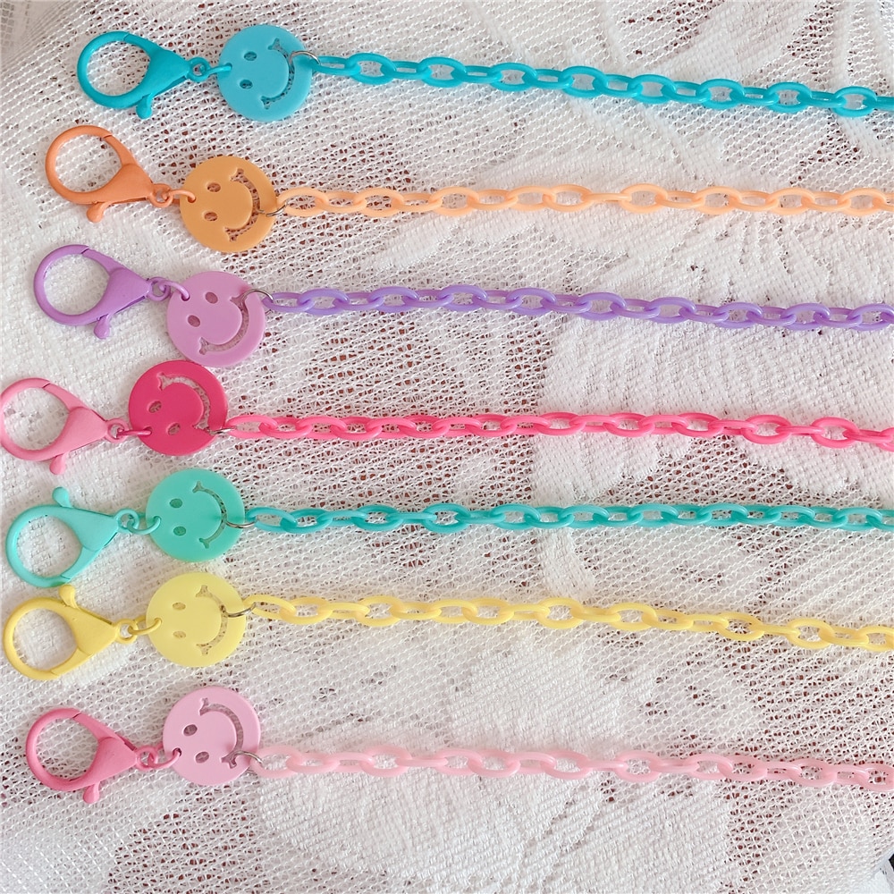 Neue Bunte Macaron Smily Anti-verloren Gesicht Abdeckung Lanyard Gläser Lanyard Gurt Acryl Halskette für Frauen Lange Kette Maske schmuck