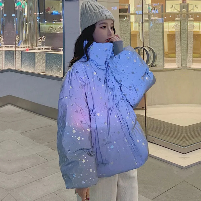 Vrouwen Winter Jas Parka Korte Vrouwen Ster Flash Jas Dames Warme Gewatteerde Jas Kleurrijke Reflecterende Glow Hooded Parka jassen