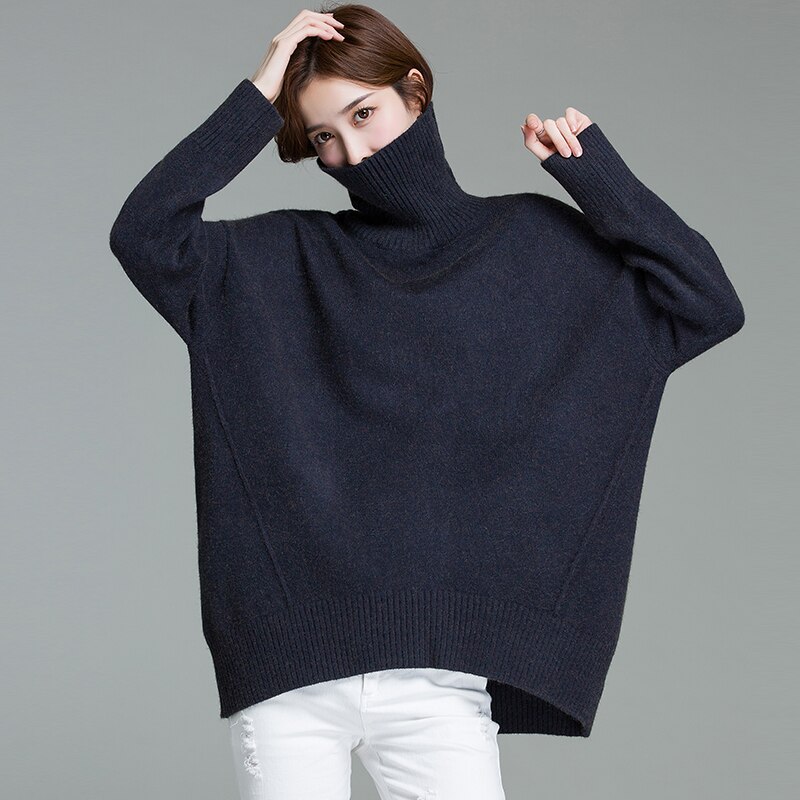 Turtleneck tröja dam löst ytterkläder mellanlång lata stil dam vinter tjock stickad bottenskjorta: Svart / L