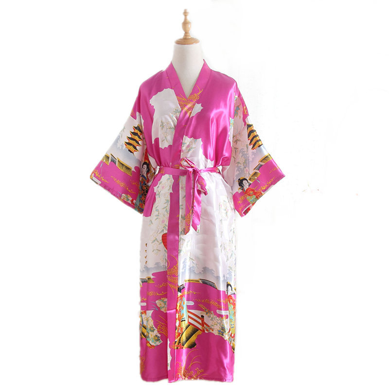 Japanese Kimono Style Cardigan Satin Bathrobe Long Pajamas Night Robe Yukata For Women Japanese Clothes Peacock Print: SKY BLUE