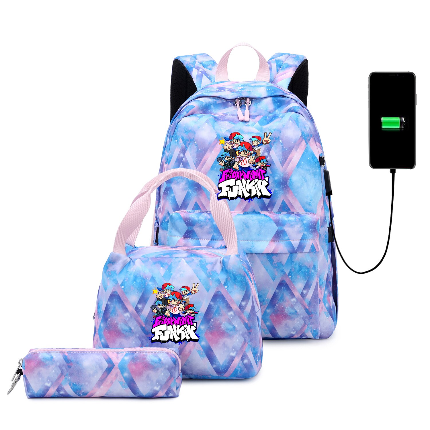 Funkin-mochilas escolares para adolescentes, niños y niñas, juego de Mochila de viaje con carga USB, bolsa de libros para estudiantes, Juego de 3 unids/set: 005