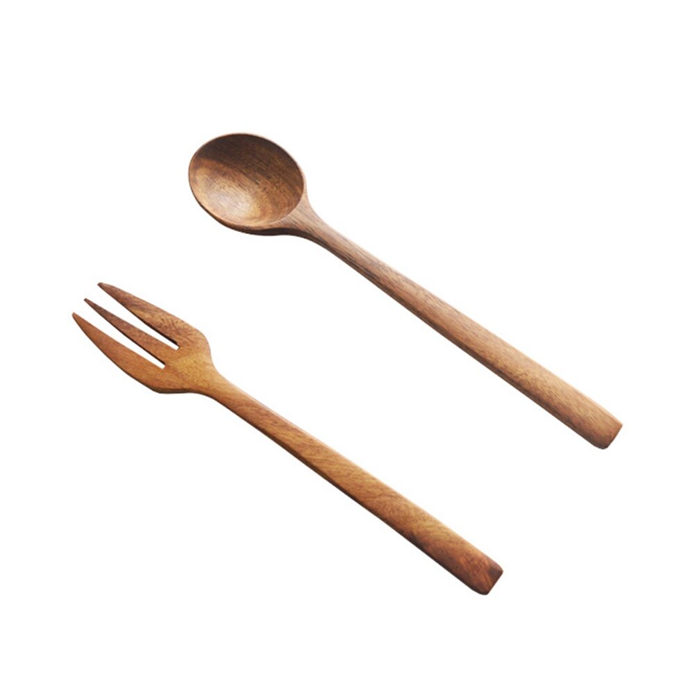 Natural Acacia Kitchen Wooden Spoon Salad Dinner Rice Serving Spoons Wood Fork Spoon Cutlery Tableware Coffee Mixing Spoon