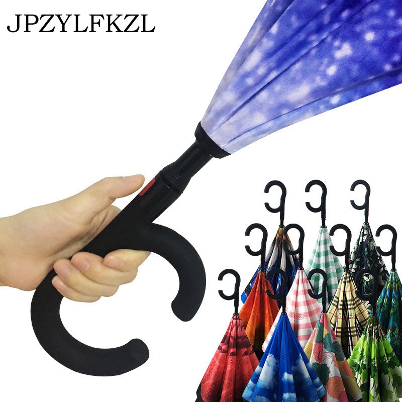 C Handvat Reverse Opvouwbare Paraplu Man Vrouwen Zon Regen Auto Semi-Automatische Paraplu Dubbele Laag Anti Uv Self Stand Parapluie