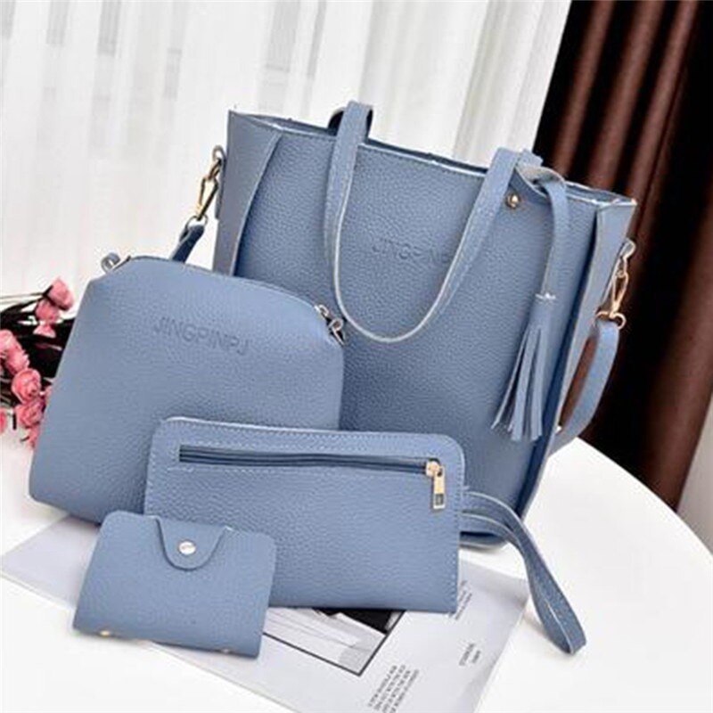 Conjunto de Tarjetero con asa superior para mujer, bolso de hombro con borla de gran capacidad, Cartera de cuero PU, cruzado, 4 Uds.: Blue