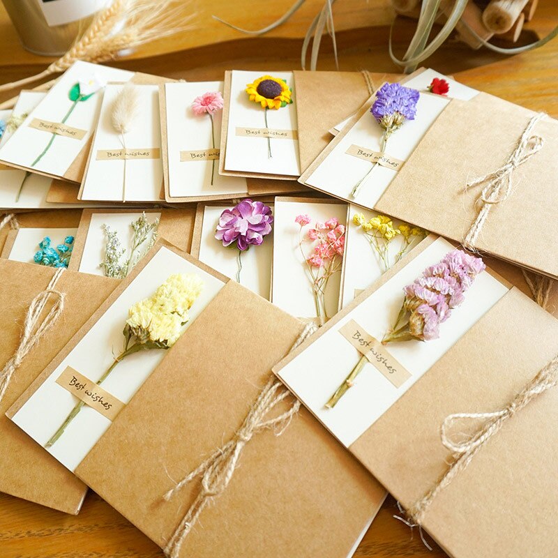 DIY Kraft Paper Handmade Dried Flowers Invitation Greeting Card Happy Birthday Grateful Thank You Card Christmas Wedding Favors