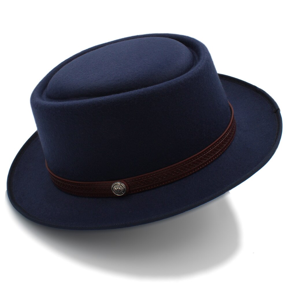 Chapeau en tarte de porc pour femmes hommes | Chapeau Fedora plat en laine pour Gentleman, papa Gambler Panama Trilby chapeau avec Belwt taille 58CM: Dark Blue