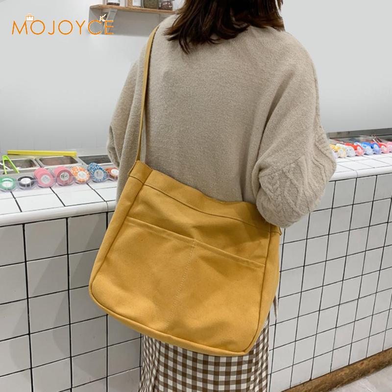 Lærred messenger tasker kvinder ensfarvet stor kapacitet skulder håndtaske øko crossbody taske dame vintage messenger tasker