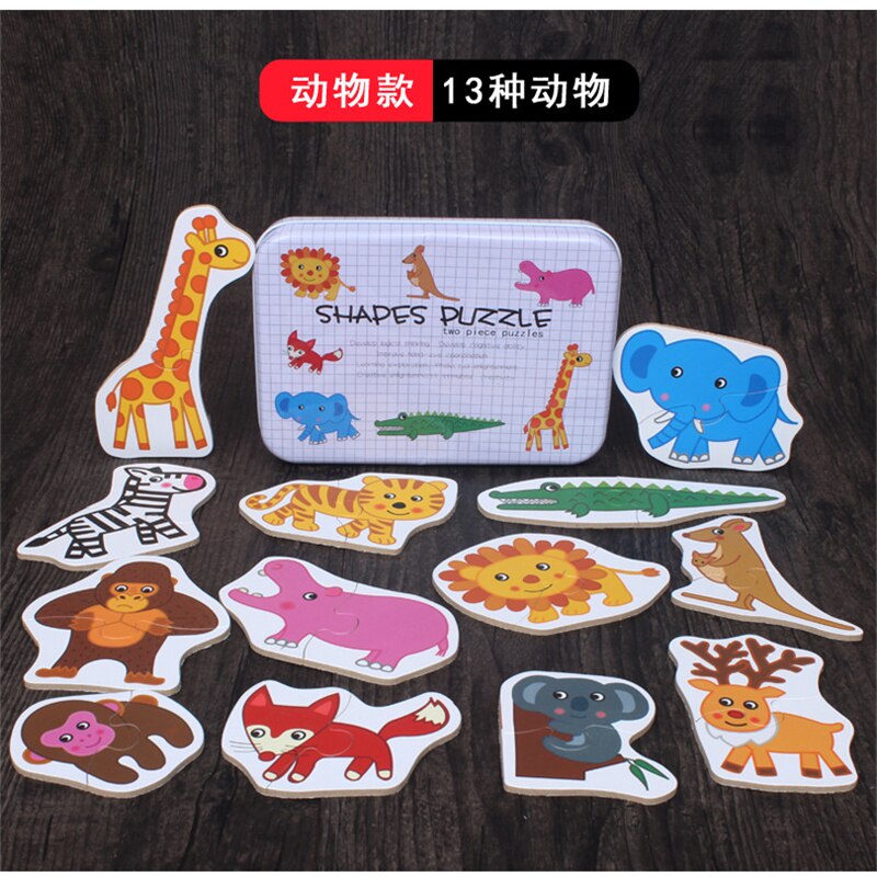 Voertuig/Fruit/Dier Set Paar Puzzel Educatief Baby Speelgoed Ijzeren Doos Zuigeling Vroege Hoofd Start Training Puzzel cognitieve Kaart: animal